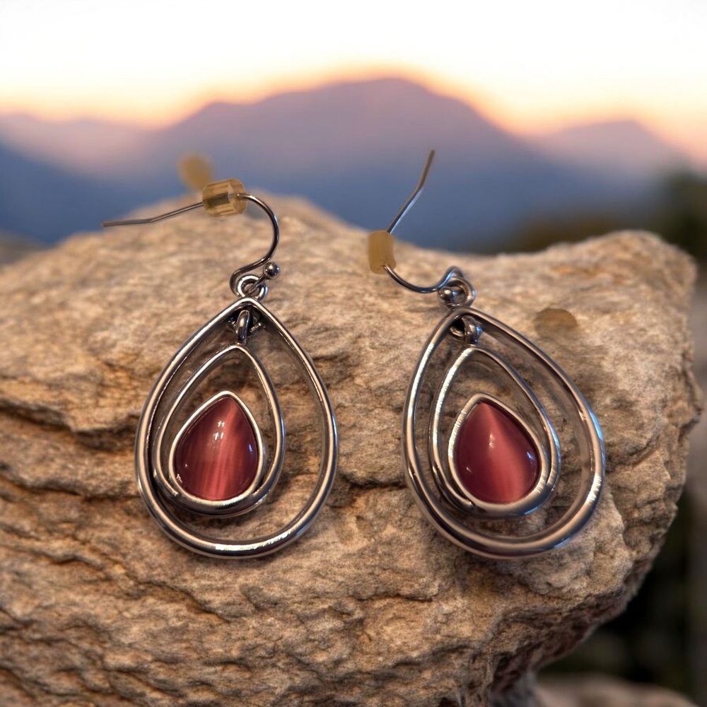 Lia Sophia "Cotton Candy" Silver Tone w/Pink Glass Cat's Eye Earrings